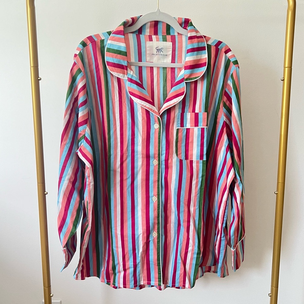 🆕 Printfresh 100% Organic Cotton Rainbow Stripe Pajama Button Down Top